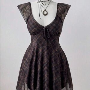 Plaid Dress with Sheer Cap Sleeves
